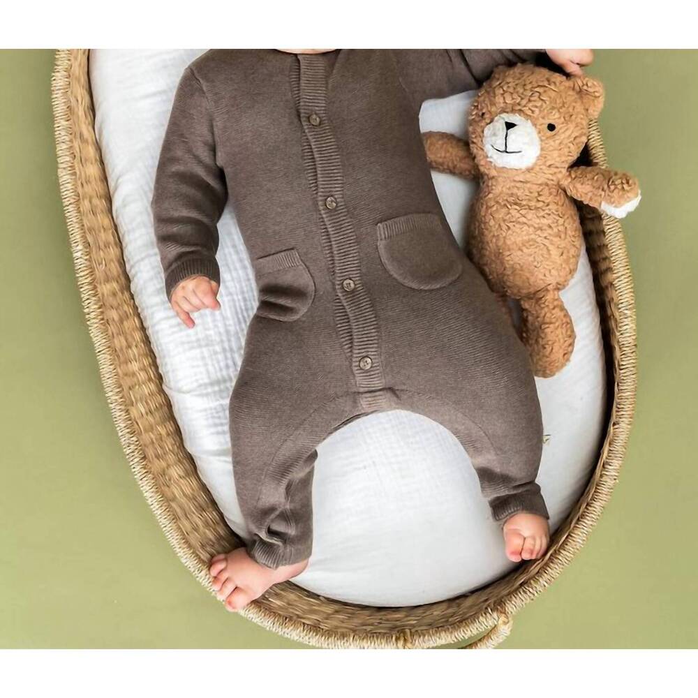 NEW VIVERANO ORGANICS pocket & button chunky sweater knit jumpsuit in cocoa heat